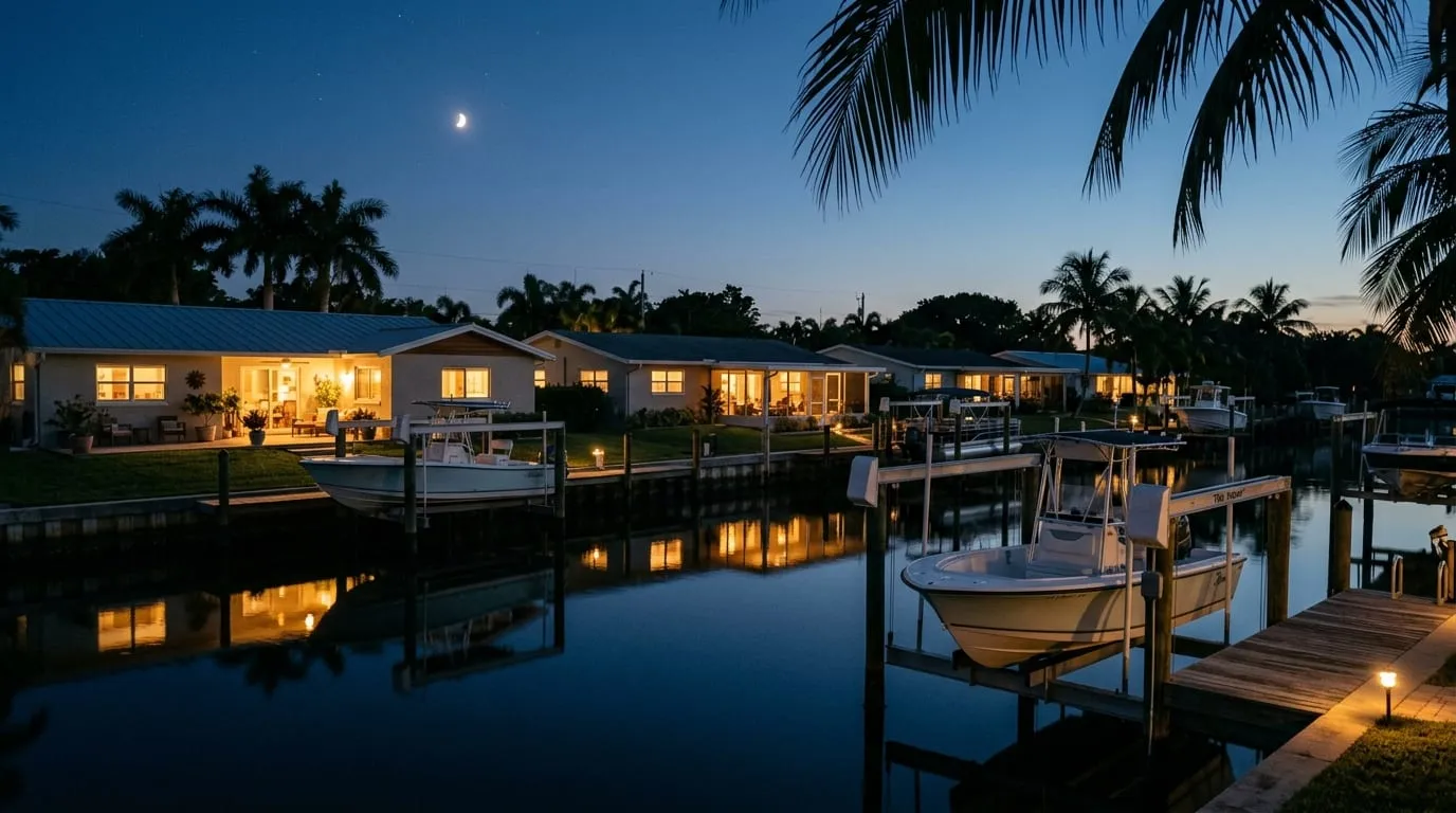A quiet canal block in South Florida after dark, a service van visible near the far corner