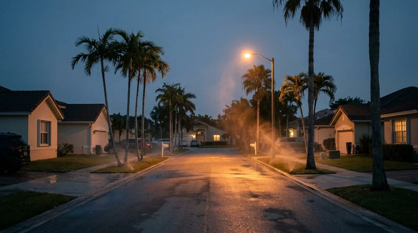 A quiet South Florida street glistening with rain at night