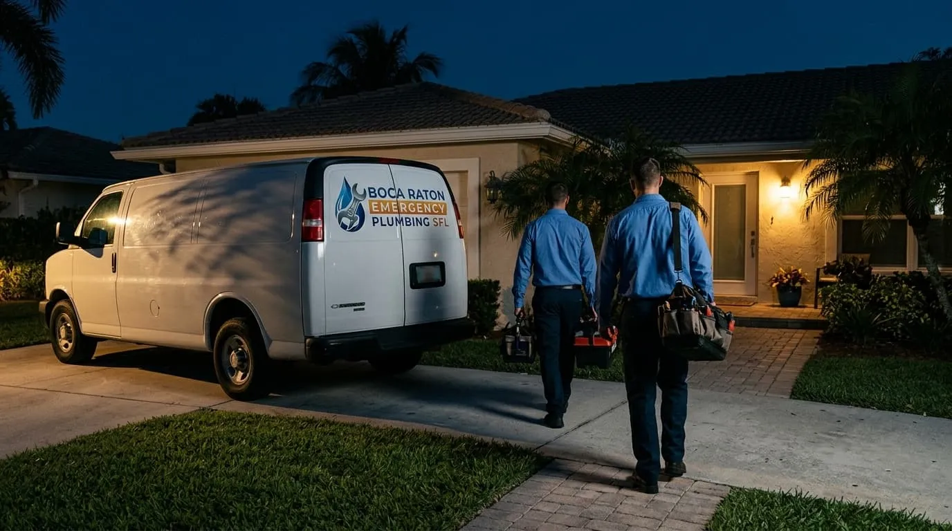 A service van pulling into a Lighthouse Point driveway at night, headlights sweeping the wet pavement
