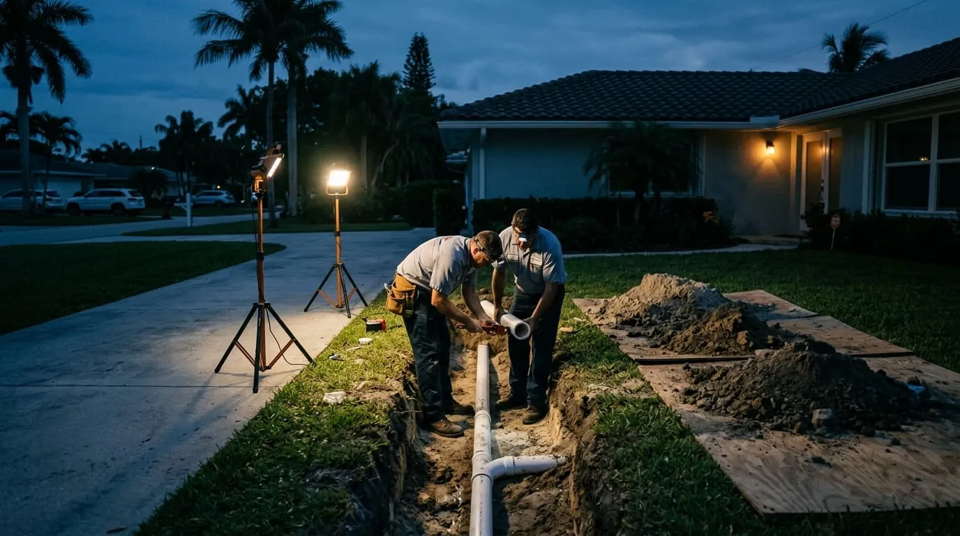 Two plumbers digging a front-yard trench in Pompano Beach under portable work lamps