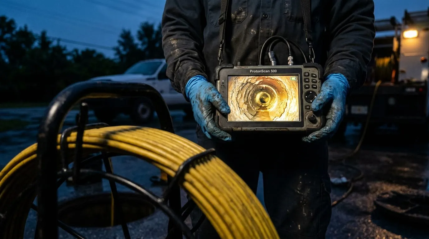 A sewer camera’s monitor displaying root intrusion inside a drain line