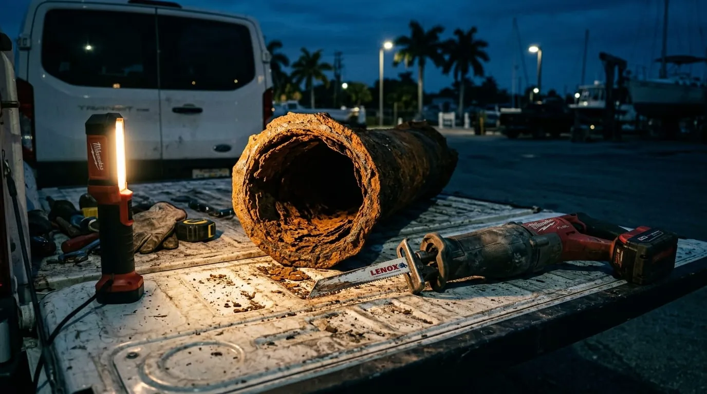 A corroded cross-section of cast iron drain pipe resting on a drop cloth
