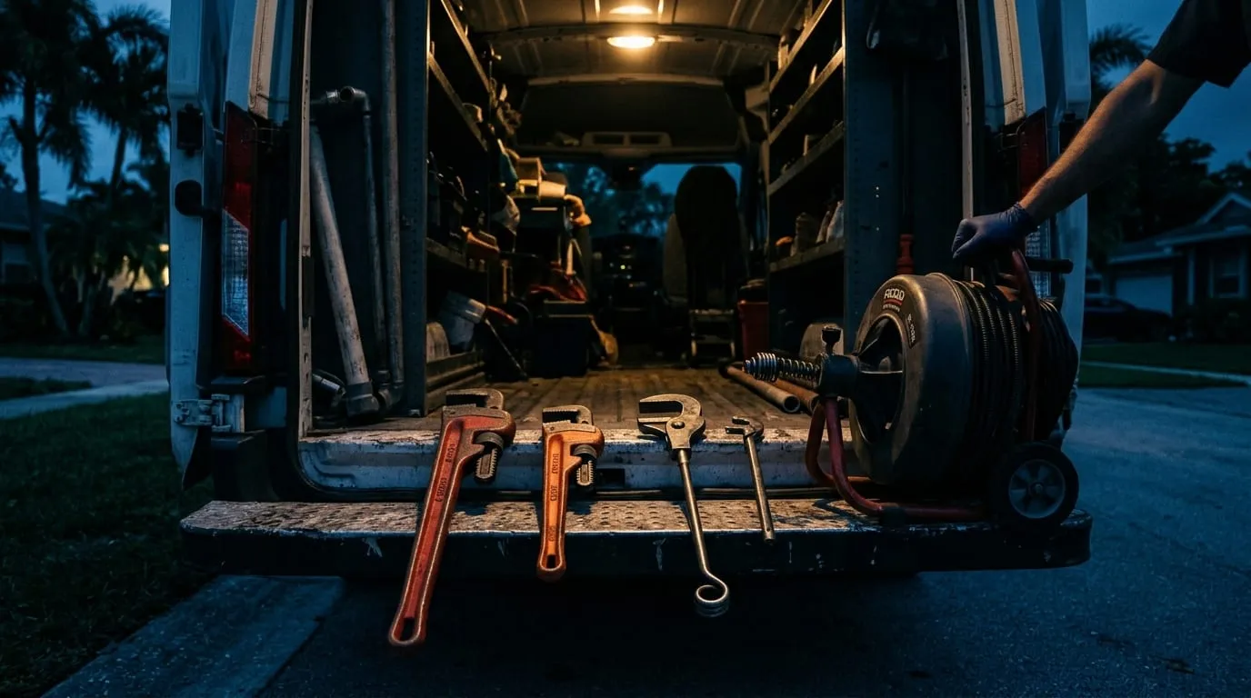 Wrenches and a drain machine staged on a service van’s rear sill under night lighting