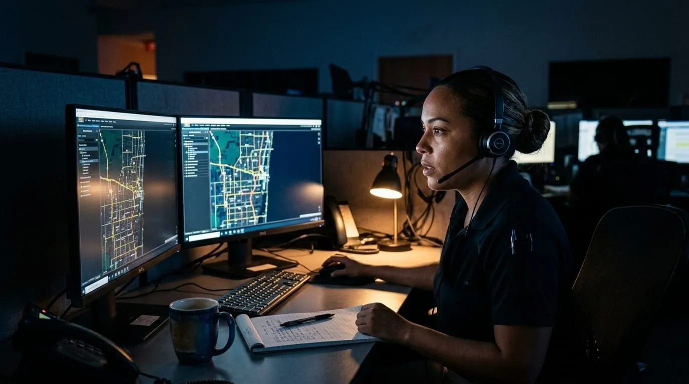 A dispatcher at a lit desk taking an overnight emergency call