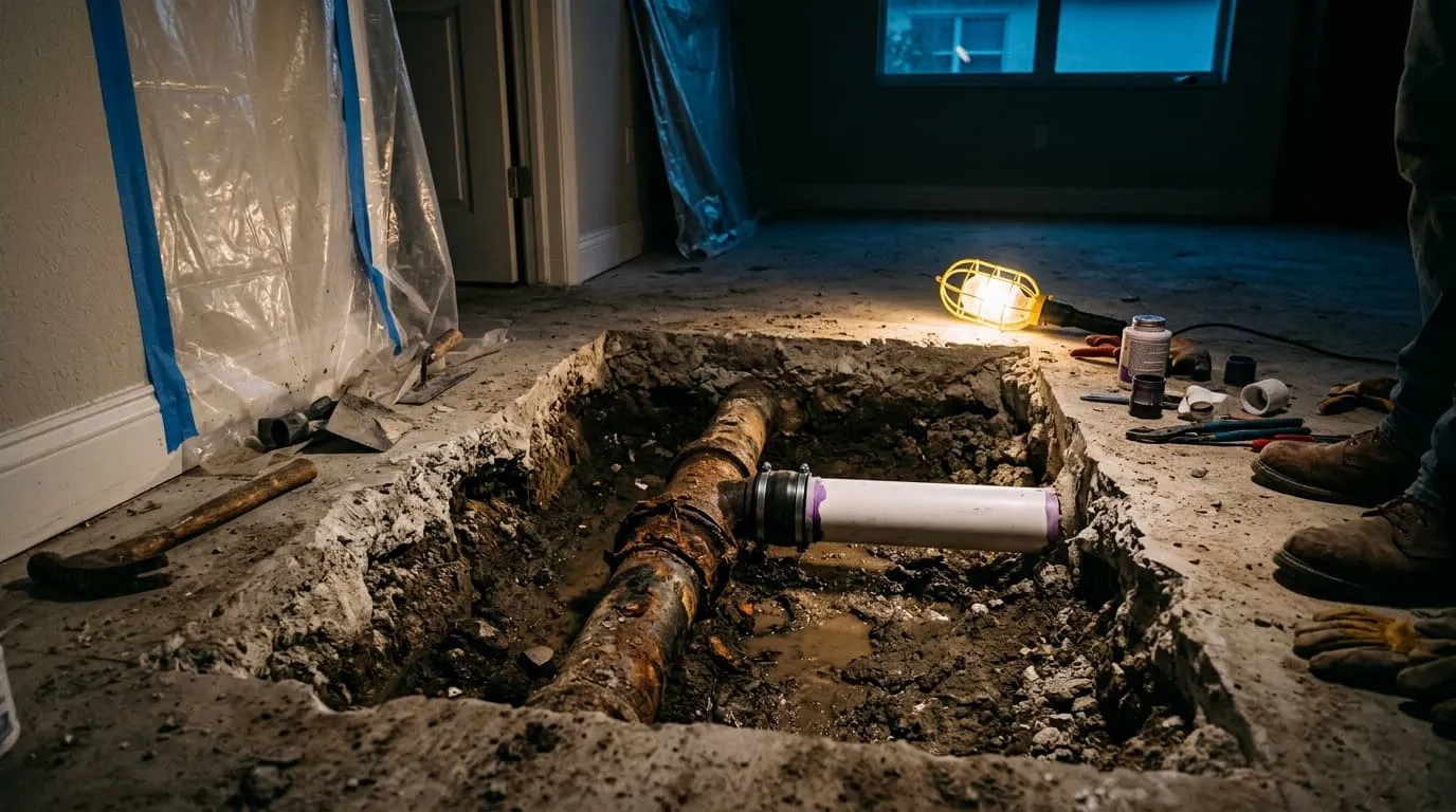 A corroded section of cast iron drain pipe being cut free inside a slab trench