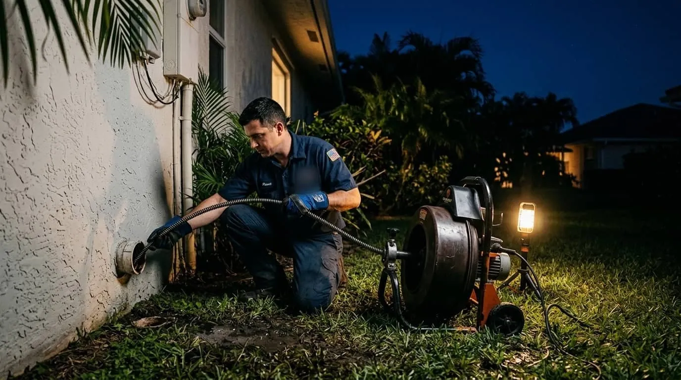 A technician threading a drain cable down into an open floor cleanout