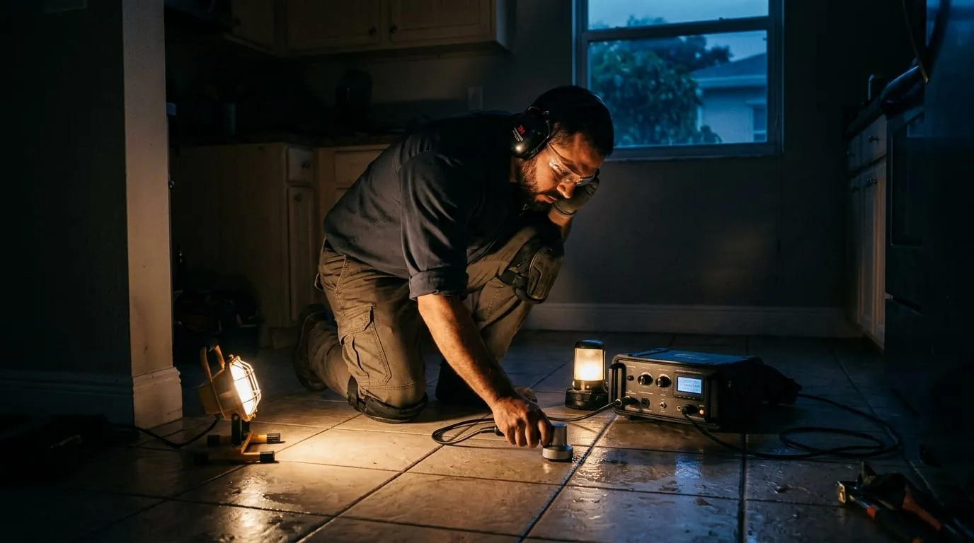 A Boca Raton Emergency Plumbing SFL plumber tracing a hidden leak with an acoustic probe against a cut-open wall