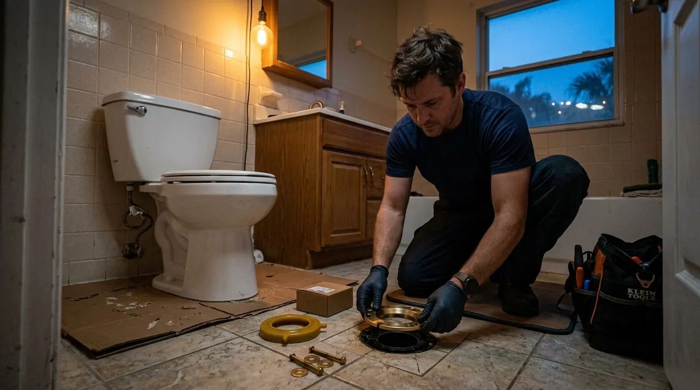 A toilet tilted up off its flange mid-reset, floor bolts exposed