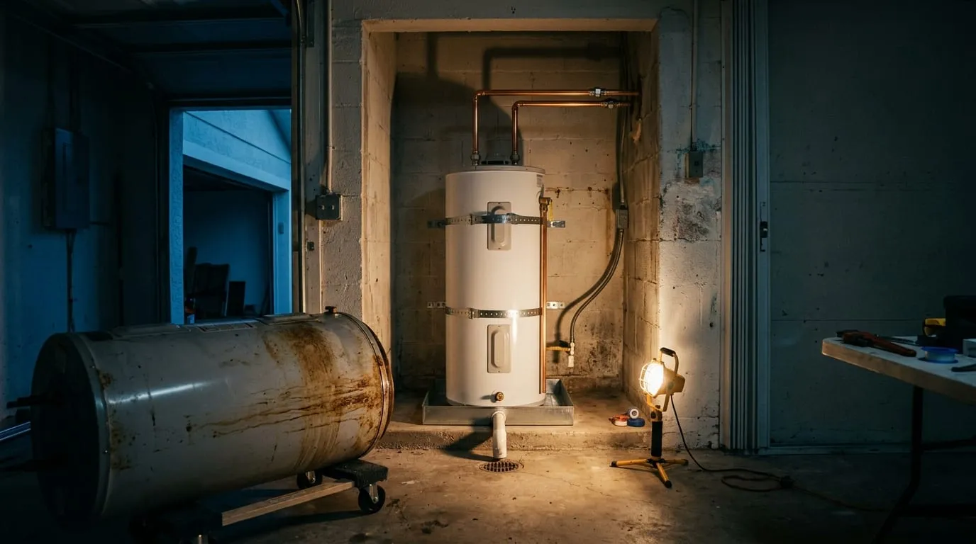 A fresh water heater going in next to the rusted-through tank coming out