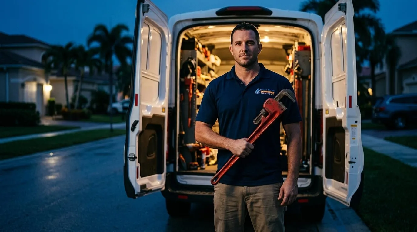 A Boca Raton Emergency Plumbing SFL plumber holding a pipe wrench beside the service van