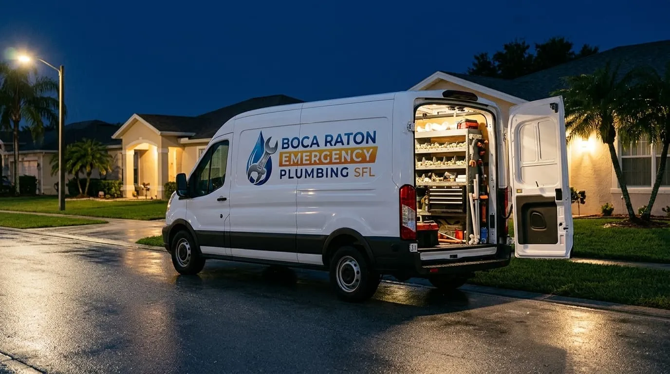 A Boca Raton Emergency Plumbing SFL van waiting at the curb with its rear doors open at night