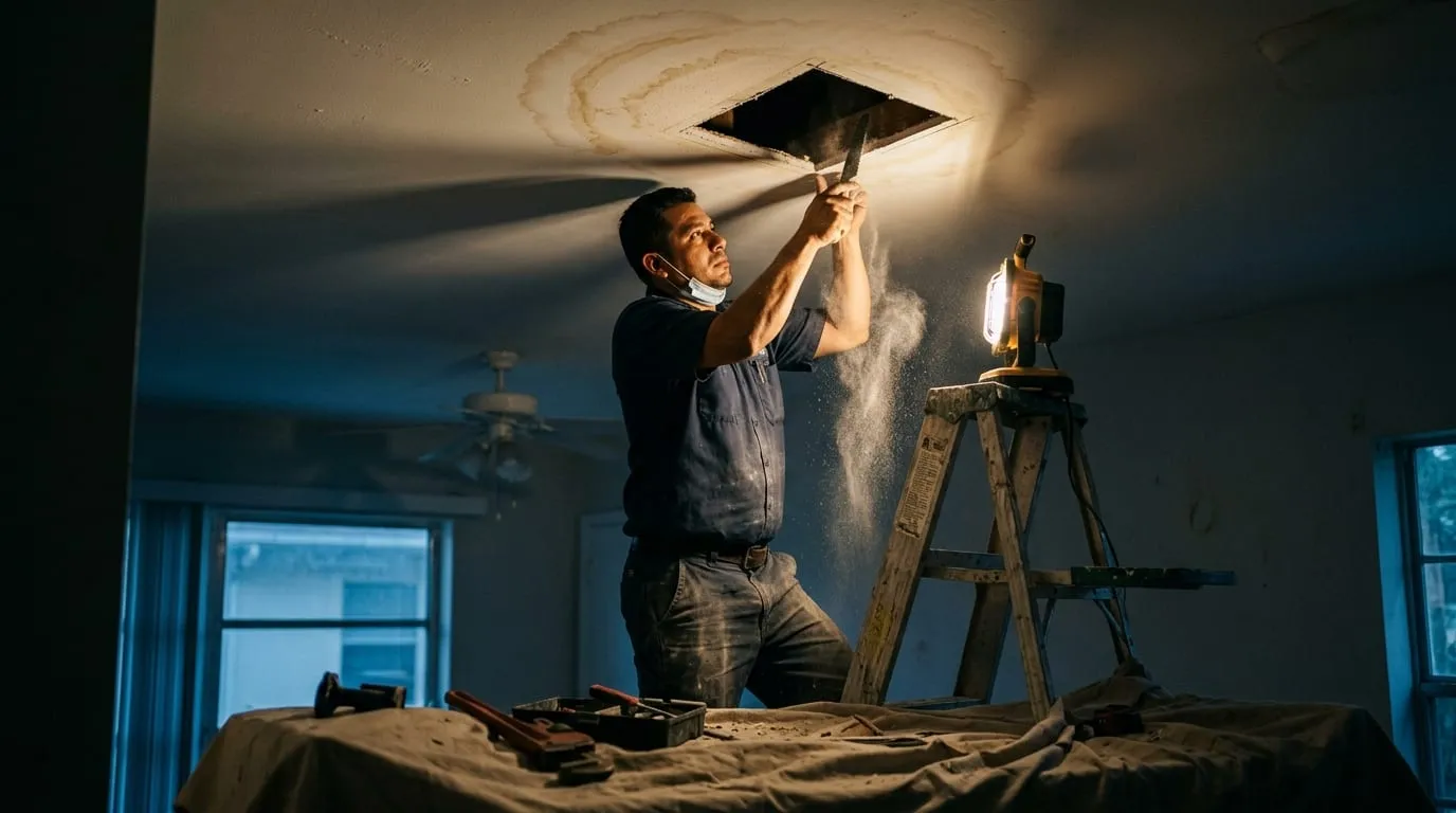 A plumber opening an inspection hole in a ceiling stained by a spreading leak