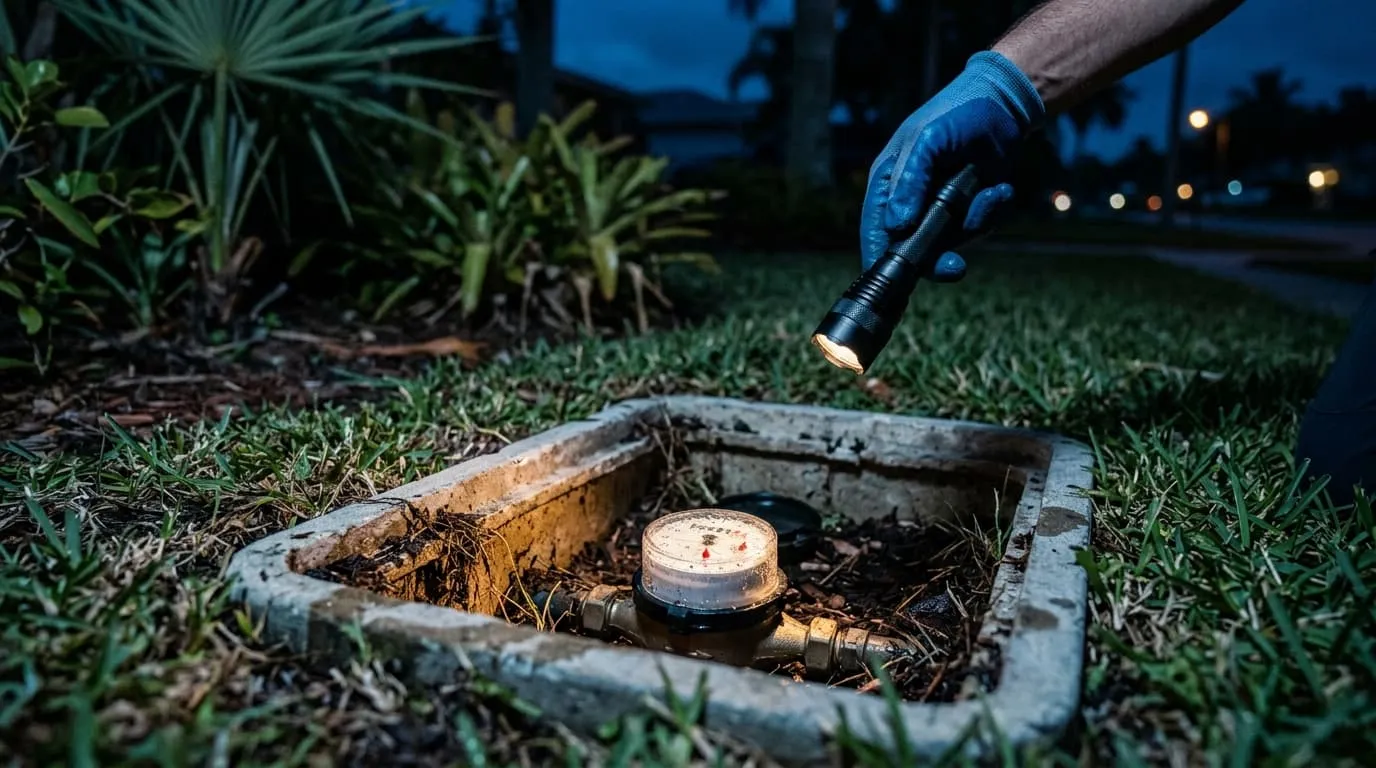 A plumber prying open a water meter box sunk into a dark lawn
