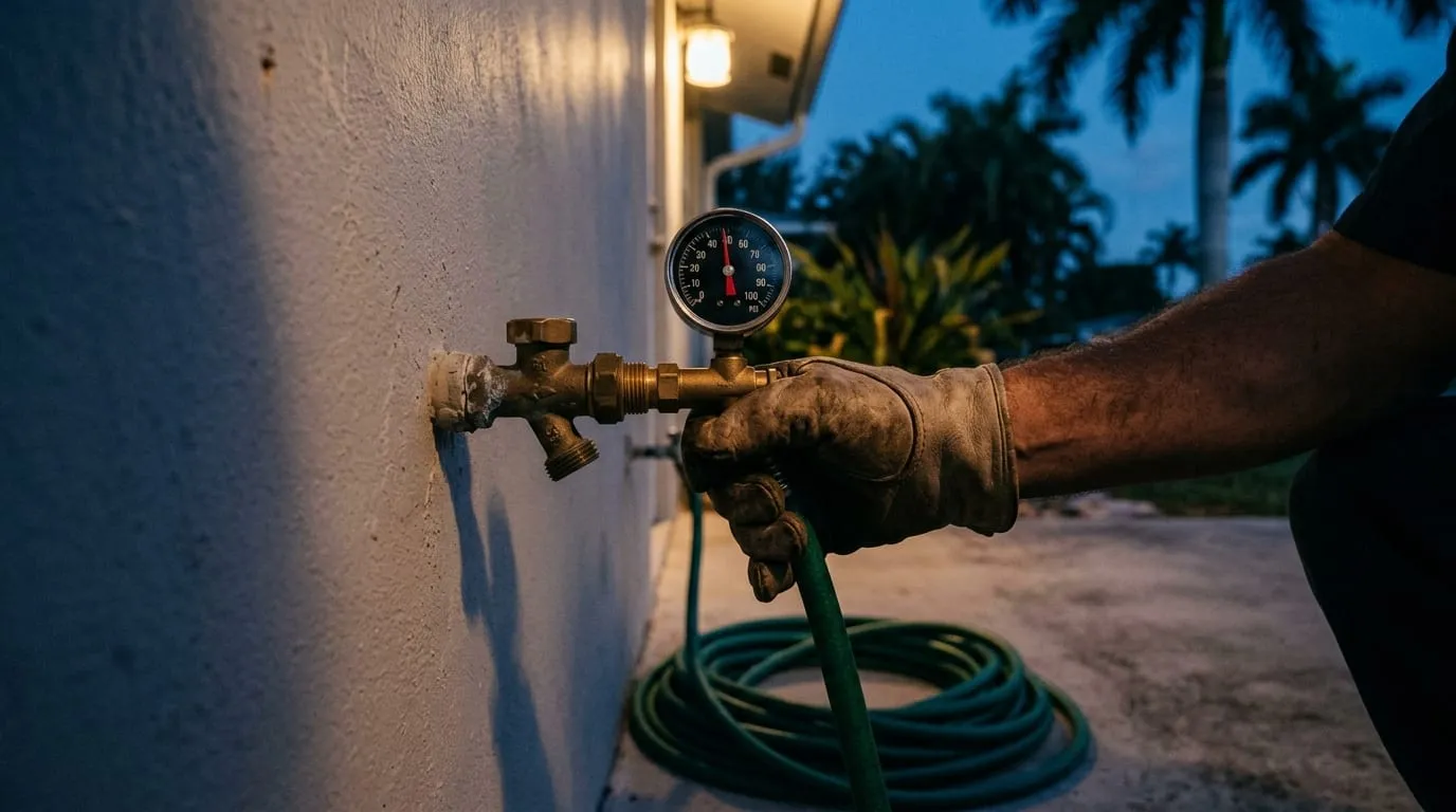A gauge threaded onto an outdoor hose bibb being read by a plumber