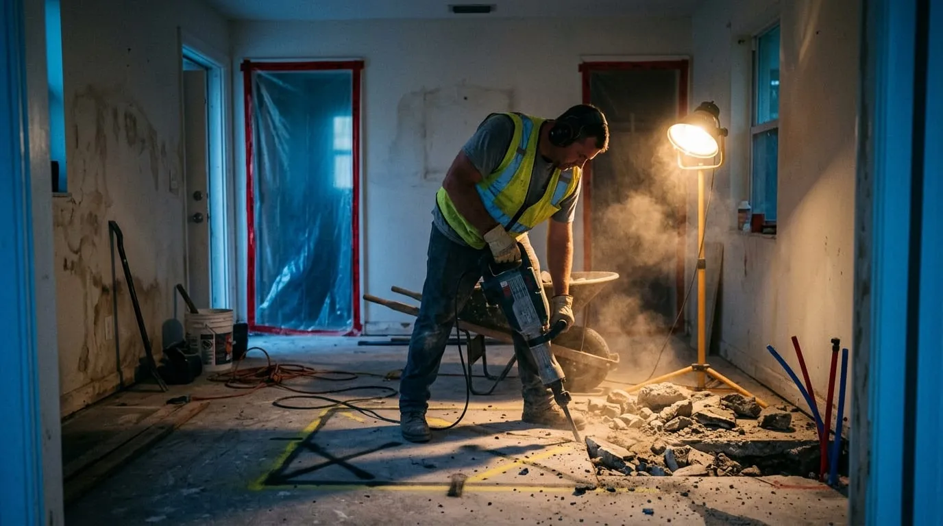 A plumber breaking through a concrete slab to reach a drain line beneath a Margate home